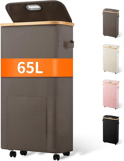 Laundry Basket with Wheels, Tall Dirty Clothes Hamper on Wheels, Rolling Laundry Hamper with lid for Dorm, Bedroom and Bathroom