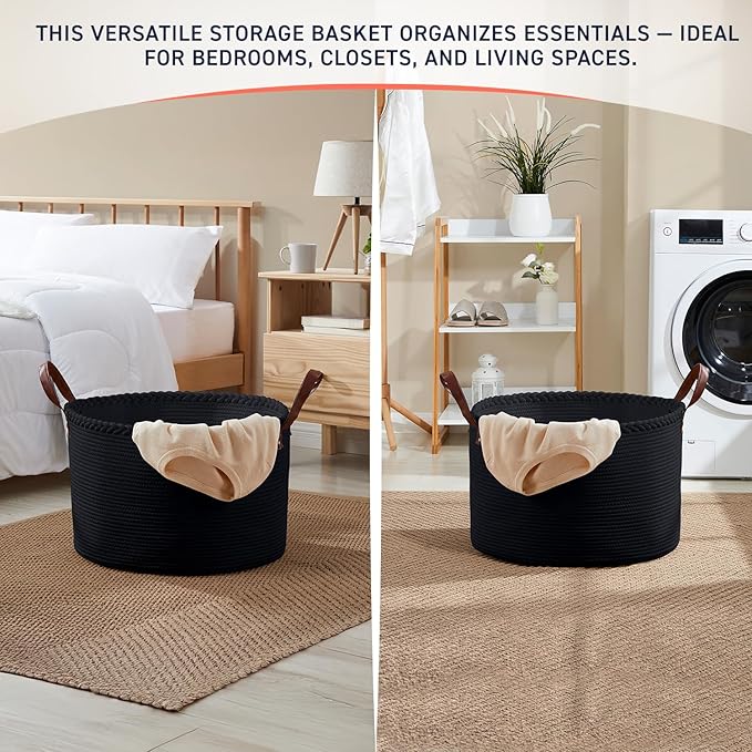 XLarge Round Cotton Rope Storage Basket Bin Organizer Laundry Hamper with Leather Handles, 21 x 21 x 14, Extra Large Blanket Woven Basket for Nursery - Black