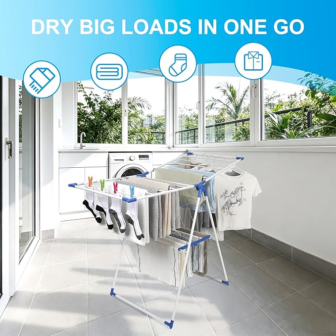 Drying Rack Clothing, Clothes Drying Rack Foldable, Includes 24 Clothespins, Space-Saving Free-Standing, 2 Height-Adjustable Gullwings, Indoor Outdoor Use