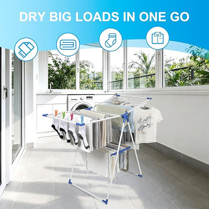 Drying Rack Clothing, Clothes Drying Rack Foldable, Includes 24 Clothespins, Space-Saving Free-Standing, 2 Height-Adjustable Gullwings, Indoor Outdoor Use