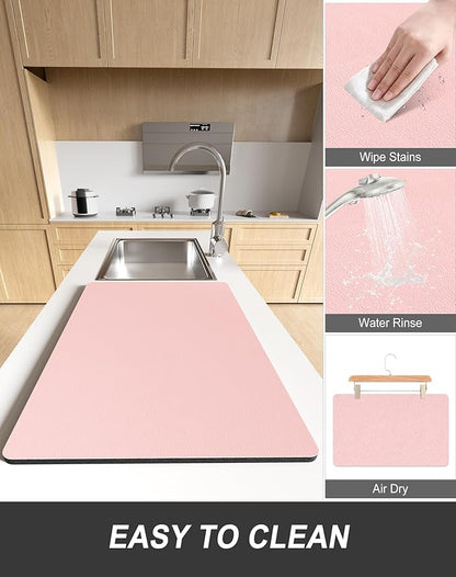 Rnivvi Dish Drying Mat for Kitchen Counter, 12 x 19" Super Absorbent Drainer Pad Easy Clean Dish Rack Pad, Non-Slip Heat Resistant Coffee Bar Mats for Coffee Machine Station Accessories Decor, Pink