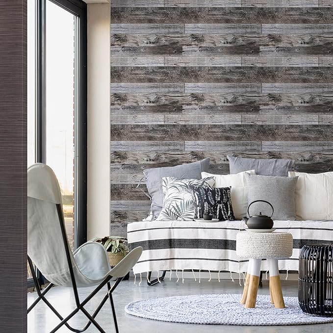 Yun-aeon Gray Wood Peel and Stick Wallpaper 17.3" X 472.4" Self Adhesive Wallpaper Backsplash Line Removable Wall Paper Bathroom Old Furniture Renovation Furniture