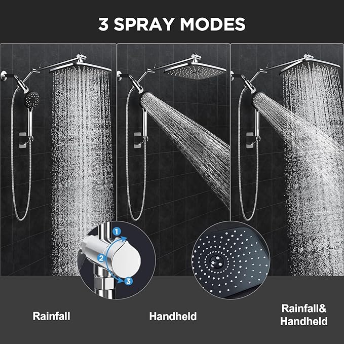 Veken Wide High Pressure Rain Shower Head with Handheld, Handheld Shower Heads with Multi Spray Modes, Rainfall Combo with 15" Metal Extension Arm,Detachable Dual Shower, Bathroom Decor,Chrome Silver