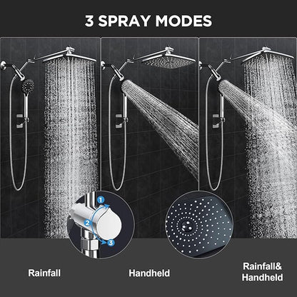 Veken 11.8" Rain Shower Head with Handheld, High Pressure Handheld Shower with Multi Spray Modes, Rainfall Combo with Metal Extension Arm, Detachable Dual Showerhead, Bathroom Decor, Chrome Silver