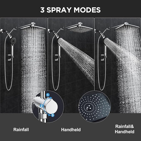 Veken 11.8" Rain Shower Head with Handheld, High Pressure Handheld Shower with Multi Spray Modes, Rainfall Combo with Metal Extension Arm, Detachable Dual Showerhead, Bathroom Decor, Chrome Silver