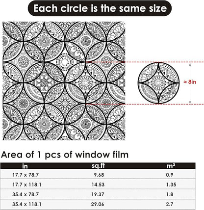 DKTIE Boho Stained Glass Look Window Privacy Film with Installation Tools, Decorative Frosted Glass Window Film Static Cling No Glue Removable, Pure Black, 35.4" x 78.7"