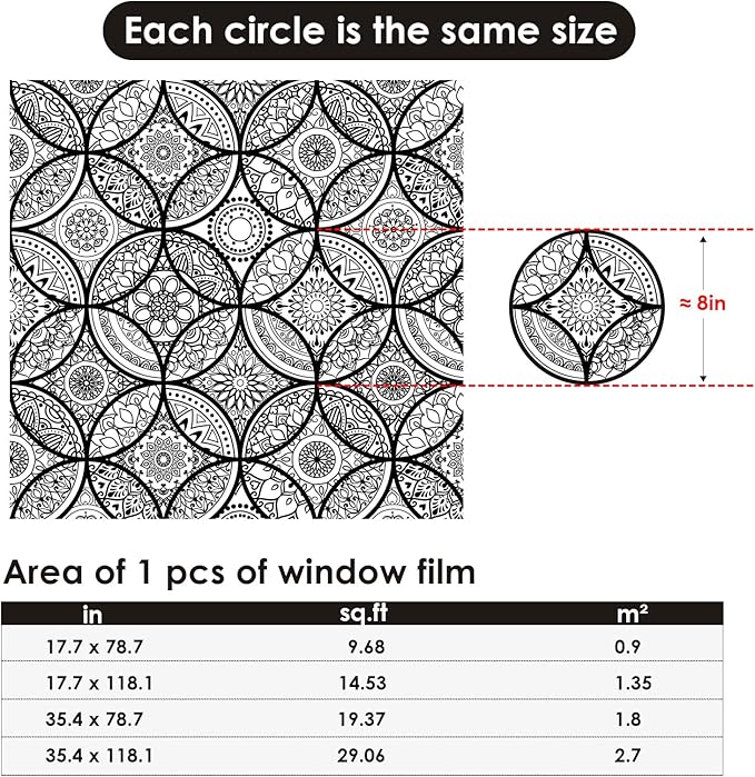 DKTIE Boho Stained Glass Look Window Privacy Film with Installation Tools, Decorative Frosted Glass Window Film Static Cling No Glue Removable, Pure Black, 35.4" x 118.1"
