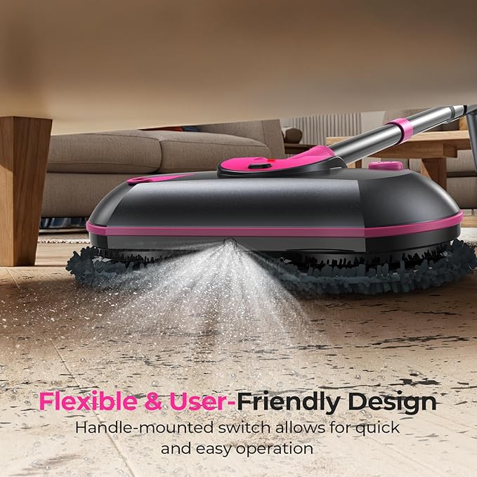 ScrubWiz Cordless Electric Mop, Electric Spin Mop with Water Spray, Powerful Floor Cleaner, Super Quiet Cleaning & Waxing, Pink and Black