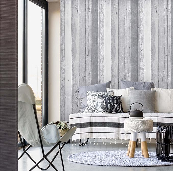 Dimoon 197''x17.7'' Wallpaper Shiplap Thicken White Grey Wood Peel and Stick Wallpaper Gray White Wood Contact Paper White Wall Paper Removable Self Adhesive Shelf Drawer Liner Vinyl Roll