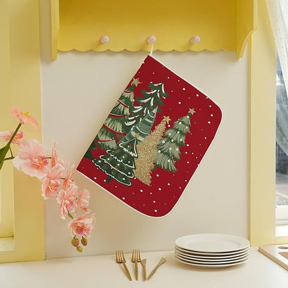 Christmas Dish Drying Mat 18x24 Inches For Kitchen Counter Red Green Christmas Tree Kitchen Decoration Drying Mat Modern Decorative Pad For Home Kitchen Decor,Dining Room,Office Decor