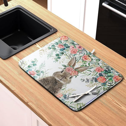 Easter Rabbit Dish Drying Mats for Kitchen Counter Easter Spring Watercolor Floral Bunny Absorbent Dish Drying Mat 16x18 Inch Absorbent Reversible Reusable Washable Dishes Drainer Mats
