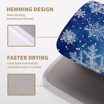 Winter Blue Snowflake Dish Drying Mat for Kitchen Counter Merry Christmas Snowflakes Drying Mats Xmas Holiday Dish Draining Mat Microfiber Absorbent Dish Drainer Rack Pad 16x18 Inch