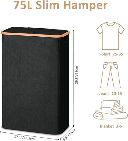 Slim Laundry Basket with Lid, Narrow Dirty Clothes Hampers for Laundry with Handle, Skinny Laundry Bin for Laundry Room, Dorm, Bedroom and Bathroom, 19.8 Gallon (75L) Black