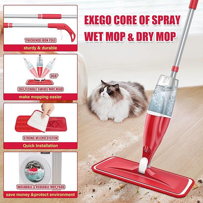 Spray Wet Mops for Hardwood Floor Cleaning: EXEGO Microfiber Dry Dust with 3 Washable Pads for Swiffer PowerMop - Flat Floor Mops with Sprayer for Wood Laminate Ceramic Tiles