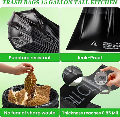 Trash Bags 15 Gallon Tall Kitchen Drawstring Garbage Bags,Fit 13-15 Gal Bins,Extra Strong&Leak-Proof,Unscented&Recyclable Trash Can Liners for Home Office Industrial Bathroom Garden Lawn(Black)