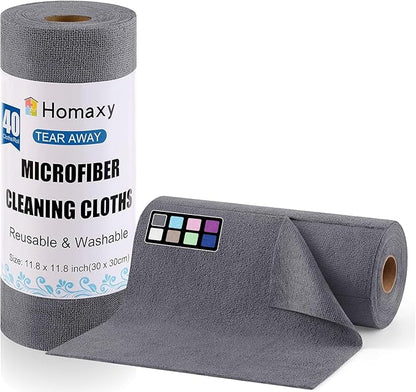 Homaxy Tear Away Dish Cloths Rolls, 40 Sheets-11.8" X 11.8", Reusable Washable Dish Towels for Kitchen, Ultra Absorbent and Quick Drying Microfiber Cleaning Rags, Grey