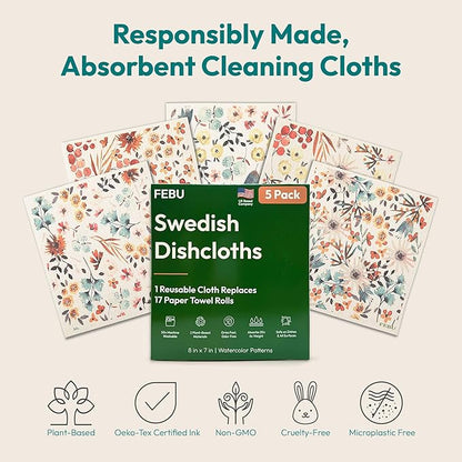 FEBU Swedish Dishcloths for Kitchen | 5 Pack Watercolor Reusable Paper Towels Washable | Swedish Dish Towels | Non-Scratch Cellulose Sponge Cloths | No Odor, Biodegradable Cleaning Cloths