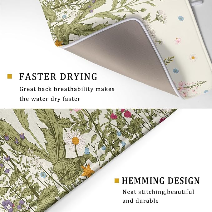 Aportt Spring Floral Wildflower Dish Drying Mat With Absorbent Reversible Microfiber Summer Flowers Sage Green Herbs Drying Mats 18 x 24 Inch Dish Drainer Mat Fast Dry For Kitchen Dining Room