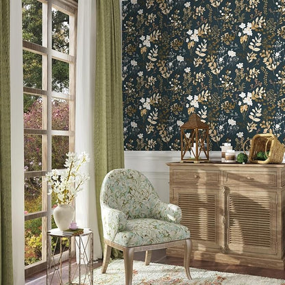 Laatse Navy Floral Wallpaper Peel and Stick Boho Wallpaper Vintage Blue/Gold Leaf Contact Paper Waterproof Self Adhesive Modern Wall Paper for Cabinet Walls Kitchen 17.5" x197"