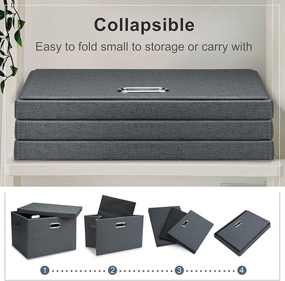 Large 17" 36 Quart Collapsible Stackable Storage Bins with Lids, 3 Packs Dark Gray Foldable Fabric Closet Storage Boxes with Lids, Heavy-duty Linen Cube Baskets(17x12x11)