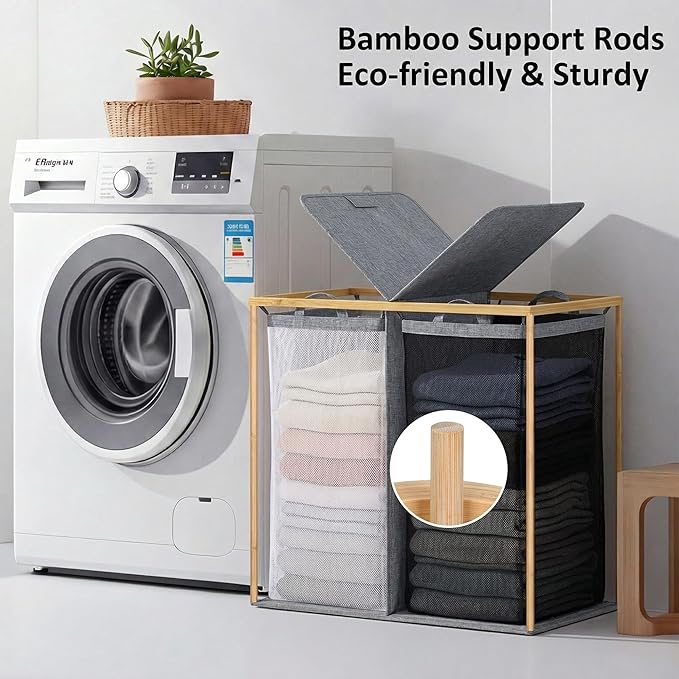 efluky Laundry Hamper with Lid, Double Laundry Hamper with 2 Removable Bags, 2 Section Laundry Basket with Bamboo Handles for Bathroom, Bedroom & Laundry Room, 140L (36.9 Gallon) Blue Grey