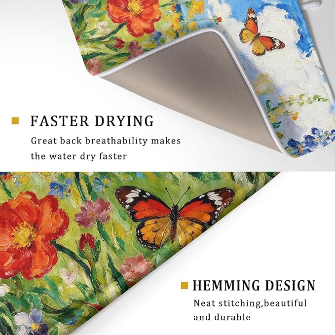 Floral Dish Drying Mat for Kitchen Counter 18x24 Spring Summer Theme Colorful Flower Butterfly Seasonal Absorbent Reversible Microfiber Drying Mats Kitchen Countertop Protector Dishes Drainer Pad