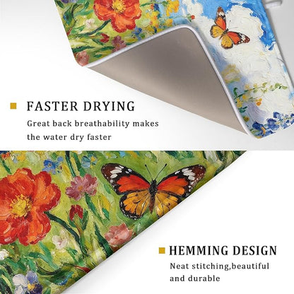 Floral Dish Drying Mat for Kitchen Counter 18x24 Spring Summer Theme Colorful Flower Butterfly Seasonal Absorbent Reversible Microfiber Drying Mats Kitchen Countertop Protector Dishes Drainer Pad