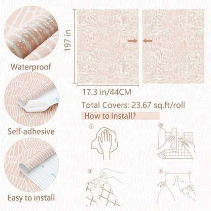 Guvana Pink Wallpaper Peel and Stick Modern Light Pink and White Contact Paper Boho Striped Wall Paper Self Adhesive Waterproof Wallpaper for Bedroom Bathroom Accent Wall Decor Vinyl Roll 17.3"×197"