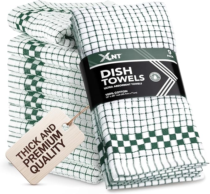 XLNT Highly Absorbent Kitchen Dish Towels 100% Cotton 18x28 inch – Ultra-Thick Dishcloths – Premium Weave for Drying & Cleaning – Soft, Durable & Lint-Free – Pack of 9 Green