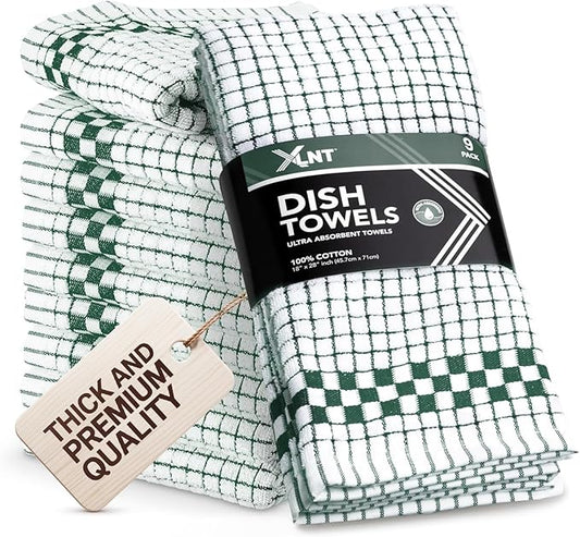 XLNT Highly Absorbent Kitchen Dish Towels 100% Cotton 18x28 inch – Ultra-Thick Dishcloths – Premium Weave for Drying & Cleaning – Soft, Durable & Lint-Free – Pack of 9 Green