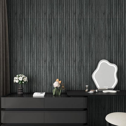 YENHOME 30"X118" Wood Slat Wallpaper Peel and Stick Wood Slat Wall Panel Waterproof Natural 3D Removable Wall Paper Black Contact Paper for Cabinets Shelves Vinyl Wrap for Countertops Furniture Walls