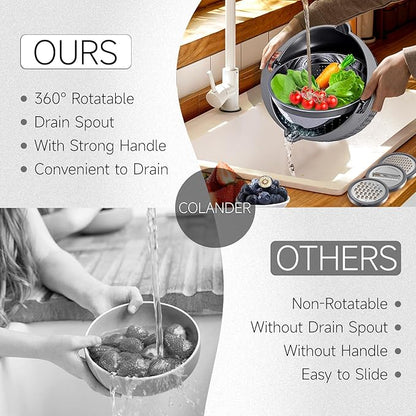 4-1 Colander with Lid Set - Rotatable Strainer With Bowl(Patented), Pasta Strainer with New Upgraded Graters, Strainer And Colanders, Fruit Cleaner, Veggie Wash, Apartment Kitchen Gadgets - Grey