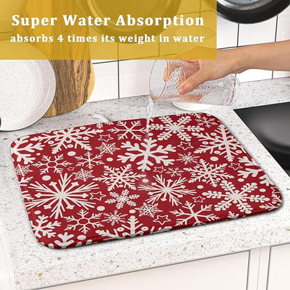 Christmas Dish Drying Mat for Kitchen Counter 16x18 Dark Red Snowflake Winter Xmas Holiday Absorbent Reversible Microfiber Drying Mats Kitchen Countertop Protector Dishes Drainer Pad