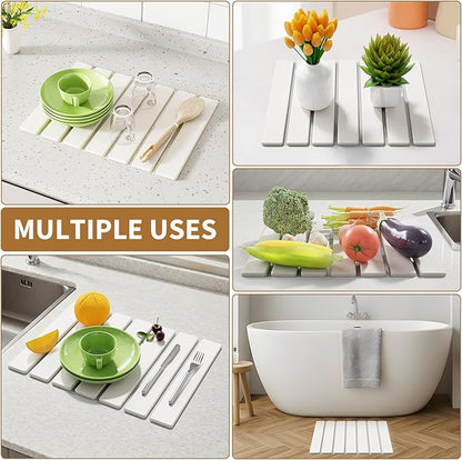 Stone Dish Drying Mat for Kitchen Counter,15.5''x11.8'' Foldable Quick Dry Stone Kitchen Mat,Eco-Friendly,Absorbent Diatomaceous Earth Mats for Dishes Bottles Cups Bathroom Any Countertop-White