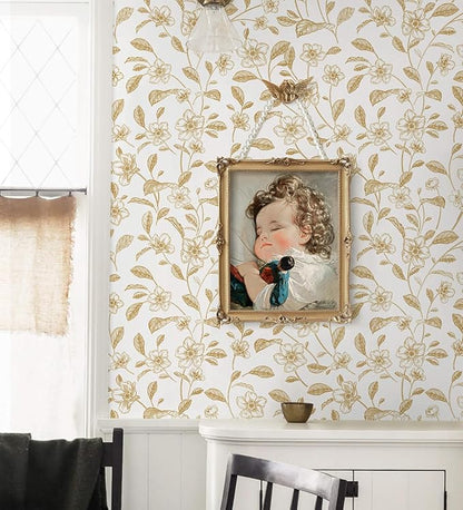 Heroad Floral Wallpaper Peel and Stick White and Gold Contact Paper Boho Peel and Stick Modern Clearance Wall Paper for Cabinets and Drawers Waterproof Self Adhesive 17.3" x 336"