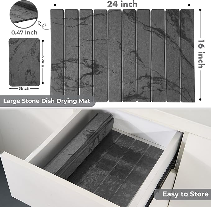 Large Stone Dish Drying Mat for Kitchen Counter - Quick Dry Stone Dishes Mats, Foldable Water Absorbing Diatomaceous Earth Drying Organizer Pad for Rack Bottles Plate (Dark Gray 24"×16" & 8"x5")