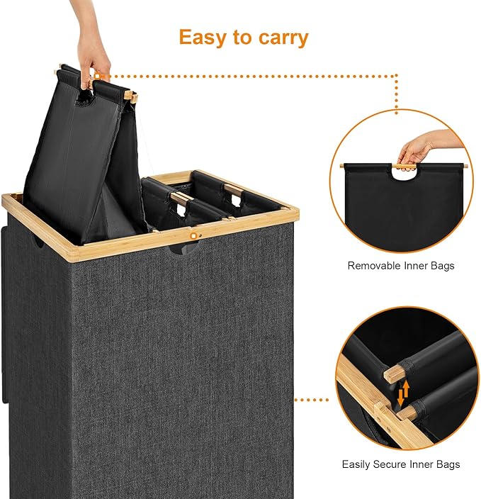 WOWLIVE 180L Laundry Hamper 3 Section, Bamboo Laundry Basket with lid, Extra Large Dirty Clothes Hamper with Removable Bags, Laundry Bin Organizer Storage for Dorm Bedroom Bathroom, Black