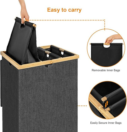 WOWLIVE 180L Laundry Hamper 3 Section, Bamboo Laundry Basket with lid, Extra Large Dirty Clothes Hamper with Removable Bags, Laundry Bin Organizer Storage for Dorm Bedroom Bathroom, Black