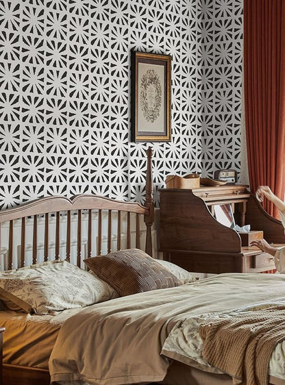 Dimoon 17.3''x78.7'' Peel and Stick Wallpaper Modern Black White Boho Contact Paper Geometric Vintage Thickening Embossed Cream Self Adhesive Renter Friendly Wall Paper for Bedroom Bathroom Vinyl Roll