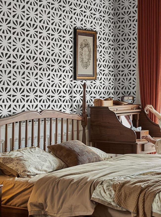 Dimoon 17.3''x236'' Peel and Stick Wallpaper Modern Black White Boho Contact Paper Geometric Vintage Thickening Embossed Cream Self Adhesive Renter Friendly Wall Paper for Bedroom Bathroom Vinyl Roll