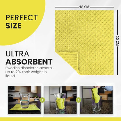 Swedish DishCloths - 10 Pack (Yellow), (German Material) Reusable Cellulose Sponge Cloth for Kitchen - Household, Highly Absorbent, No-Odor Dishcloth