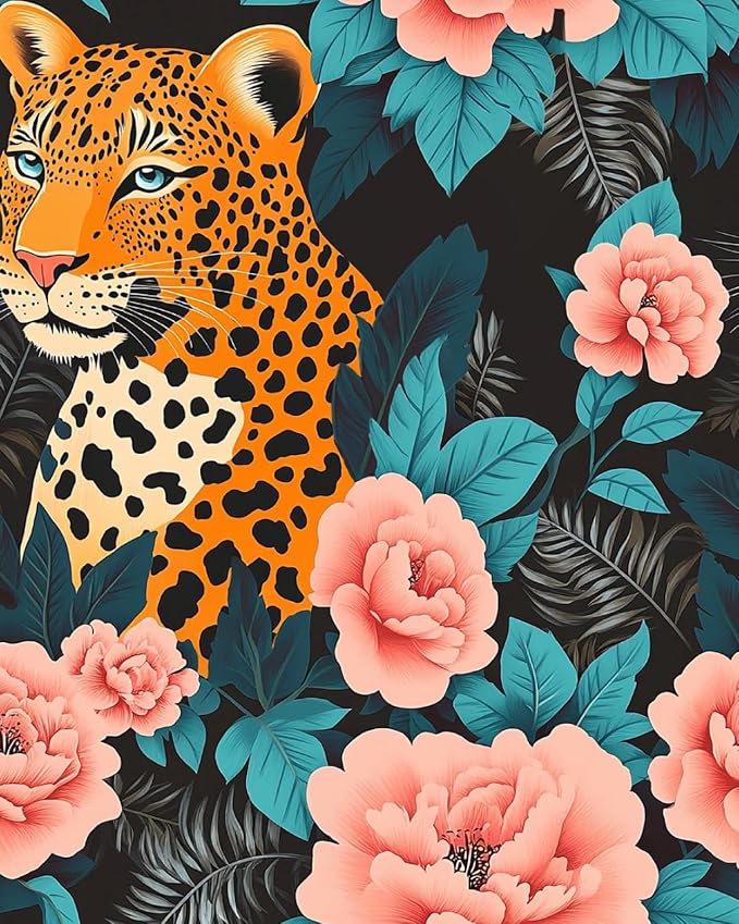 Fvlow Pink Floral Wallpaper Peel and Stick Leopard Jungle Contact Paper Wall Paper Waterproof Self-Adhesive Wall Covering for Bedroom Countertop Desk Cabinets Decor Renter Friendly 17.4" x 118"