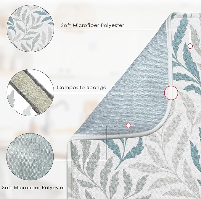 Sanwarm Absorbent Dish Drying Mat, Simple Silhouettes Leaves Microfiber Pad for Kitchen Counter, Coffee Bar Decor, Heat Resistant and Reversible, 16" x 18"