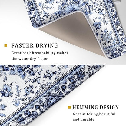 Boho Floral Dish Drying Mat 18x24 Inch Blue Leaves Kitchen Drying Pad Reversible Absorbent Dish Drainer Rack Mats Counter Tableware Decor