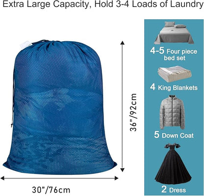 Polecasa Heavy Duty Extra Large Mesh Laundry Bags with ID Tag and Locking Drawstring Closure - 2 Pack, 30 x 36 inches - Laundry Hamper Liner, Washable Laundry Bag for Travel, Sports, Dorms (Blue)