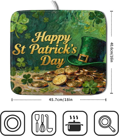 St Patrick's Day Dish Drying Mat for Kitchen Counter 16x18 Gold Green Lucky Clover Hat Coin Happy Holiday Absorbent Reversible Microfiber Drying Mats Kitchen Countertop Protector Dishes Drainer Pad