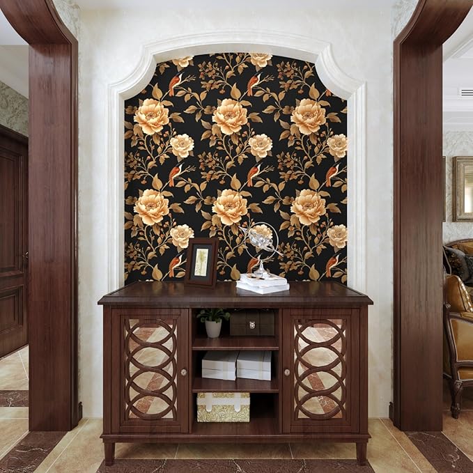 Laatse Vintage Floral Bird Wallpaper Peel and Stick Boho Wallpaper 17.5in x118in Black/Golden Floral Wall Mural Waterproof Self-Adhesive Modern Wall Paper for Bedroom Kitchen Cabinet Drawer Decor