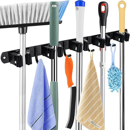 Huryfox Mop and Broom Holder Wall Mounted - Sturdy Stainless Steel Rack with Utility Hooks, 5 Racks, 4 Hooks Adjustable Design and Multiple Storage Organiser Options, Perfect for Kitchen