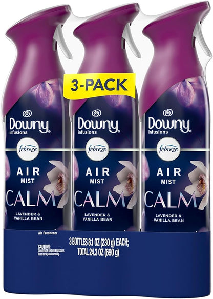 Febreze Air Mist, Air Freshener Spray, Odor Fighting Room Spray, Deodorizer for Home Bathroom Kitchen Office Apartment Dorm Room Classroom, Downy Calm Lavender & Vanilla Bean Scent, 8.1oz (Pack of 3)