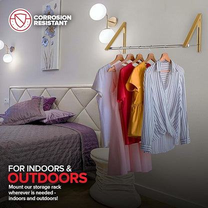 Double Foldable Clothing Rack w/ Extension Rod, Wall-Mounted Retractable Clothes Hanger for Laundry Dryer Room, Hanging Drying Rod, Small Collapsible Folding Garment Racks, Dorm Accessories (Gold)